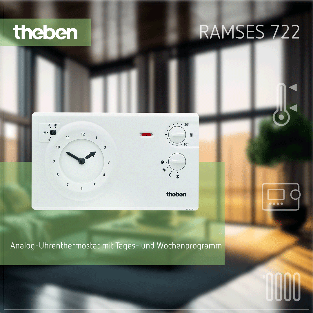 Theben RAMSES 722 – Analog-Uhrenthermostat, 230V, für Tages-/Wochenprogramm, Raumtemperaturregelung Theben RAMSES 722 – Analog-Uhrenthermostat, 230V, für zeitabhängige Raumtemperaturregelung, Tages-/Wochenprogramm