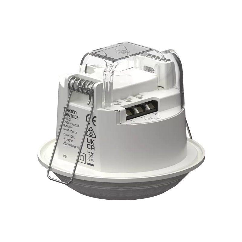 Theben 1030200 PIRA T8 DE Bewegungsmelder (PIR) für den Deckeneinbau im Innenbereich, Erfassungsbereich rund 360°, Durchmesser 8 m, permanente Lichtmessung, 200 W LED