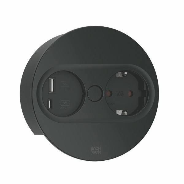 Bachmann 946.104 Steckdoseneinheit TWIST 2, 1x Schutzkontaktsteckdose, 1x USB A/C 22 W, 2,0 m Aderendhülsen und Montagestecker, rund, schwarz matt