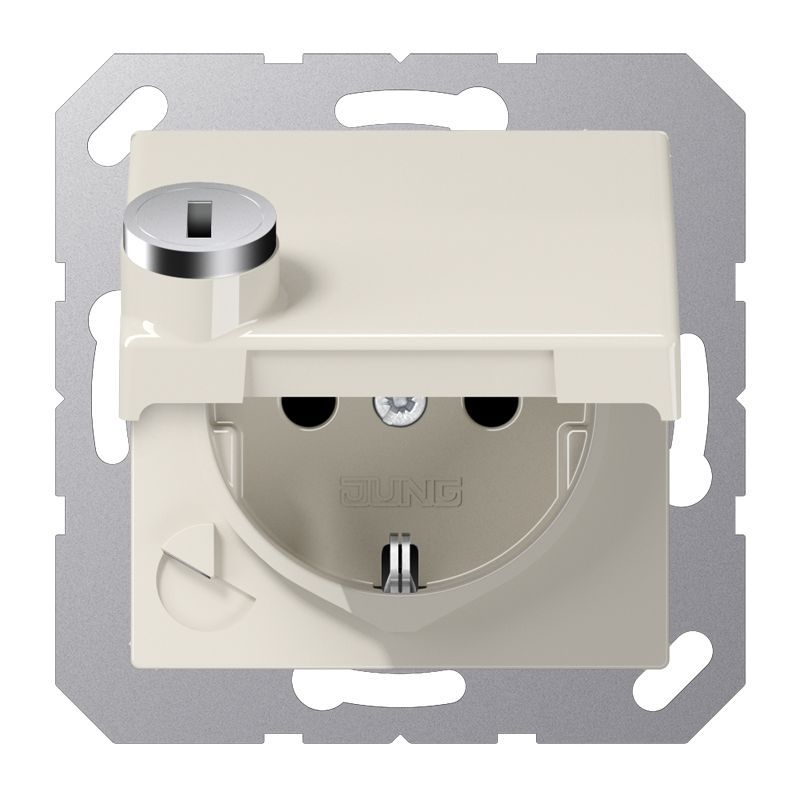 Jung AS1520BFKLSL Schutzkontakt-Steckdose, SAFETY+, Klappdeckel, mit Sicherheitsschloss, Thermoplast, Serie AS, weiß (ivory)