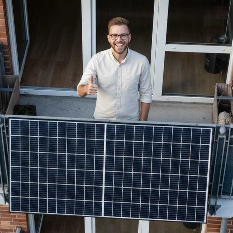 Ein lächelnder Mann mit Brille, der einen weißen Pullover trägt, steht auf einem Balkon und zeigt einen Daumen nach oben. Vor ihm ist ein großes, an das Geländer angebrachtes Solarmodul zu sehen.