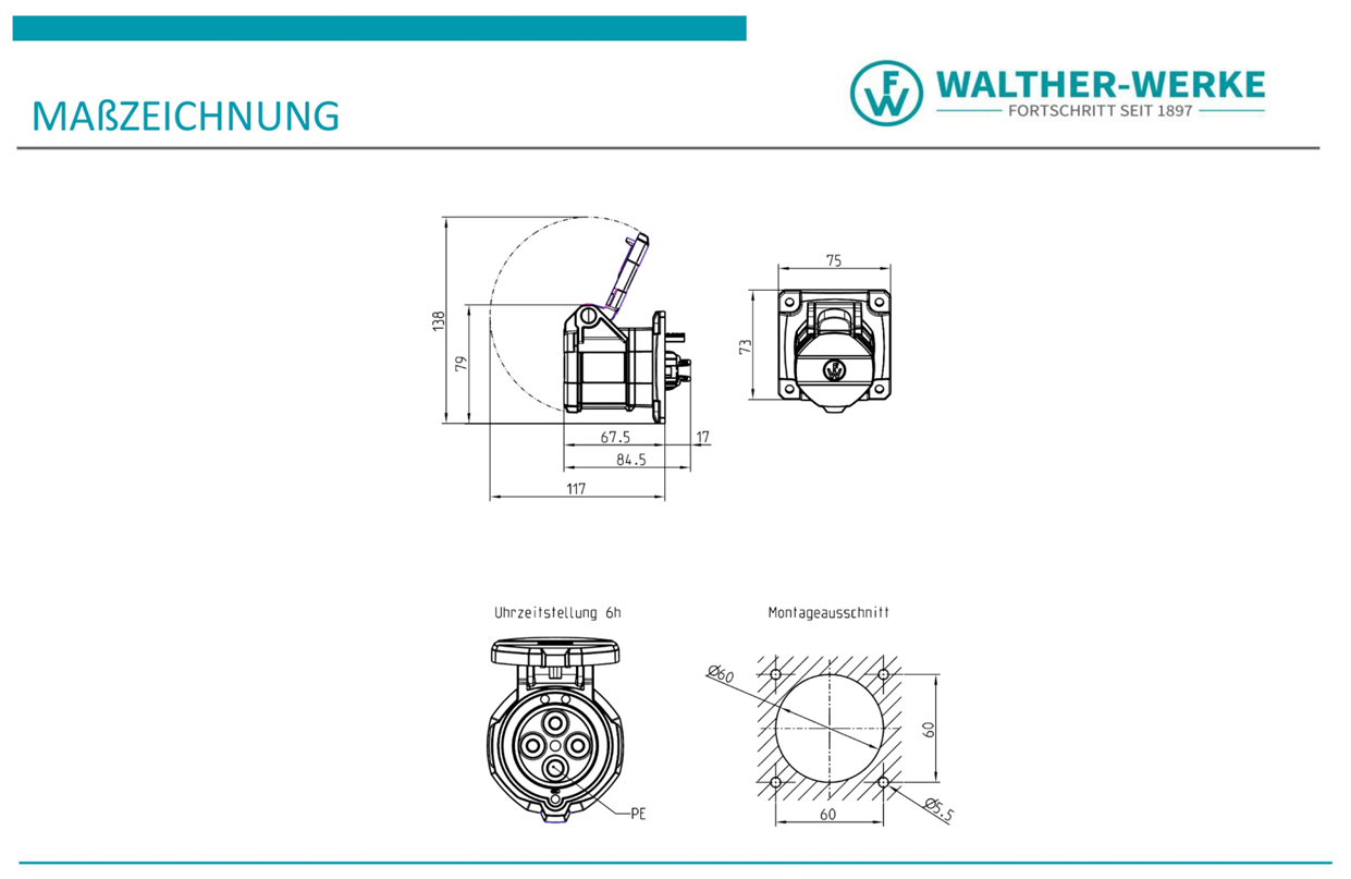 Walther Electric FW410306CC CEE NEO Anbaudose gerade, 230V, 16A, 3P, 6h, IP54, mit Käfigzugfeder-Technik und 75x75mm Flansch
