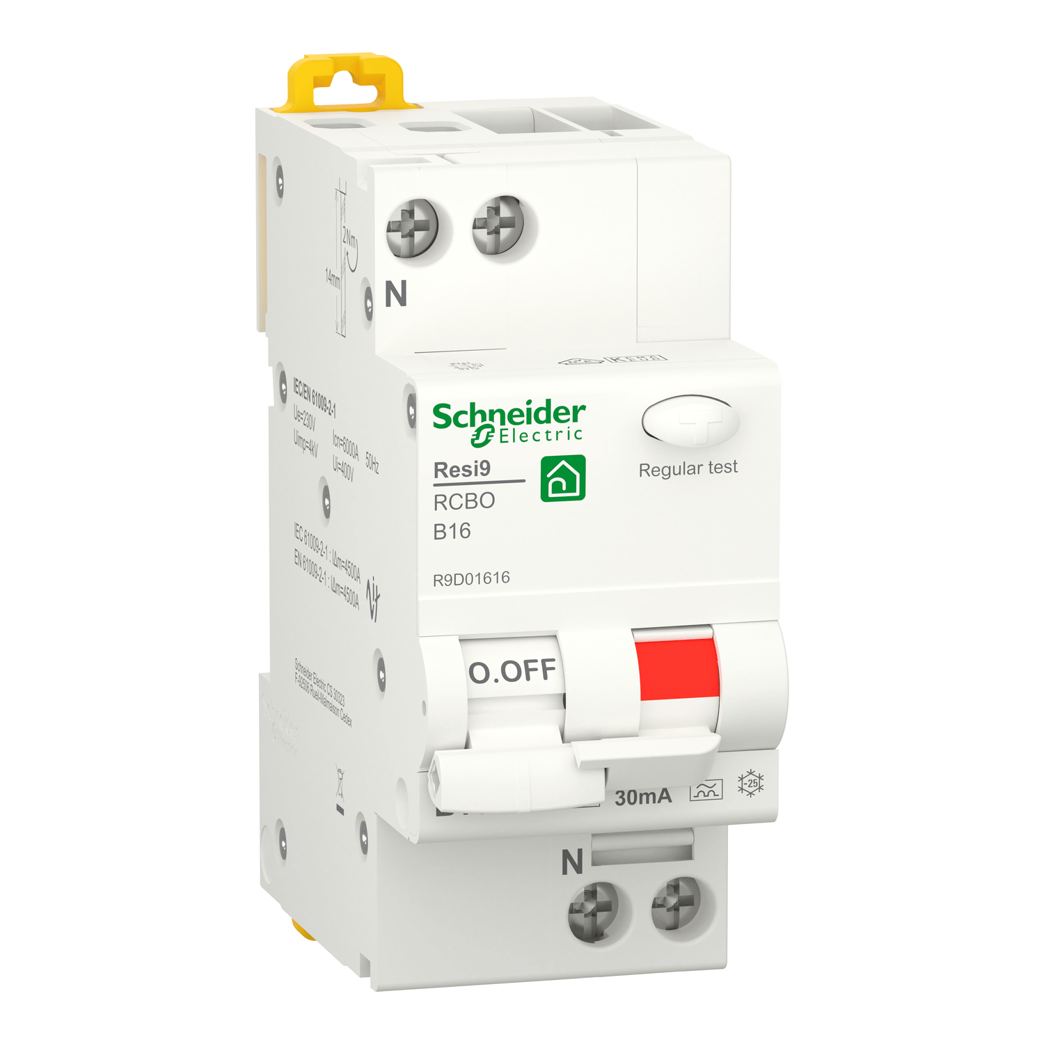 Schneider R9D01616 Resi9 FI/LS-Schalter 1-polig +N, 16A, B-Charakteristik, Fehlerstromschutzschalter, Leitungsschutzschalter