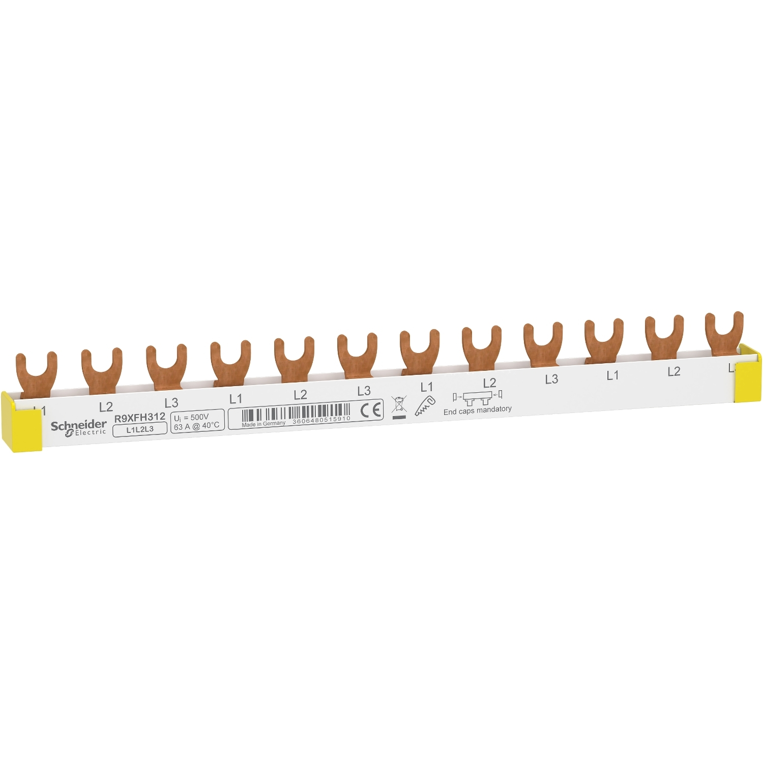 Schneider R9XFH312 Phasenschiene Gabel Resi9, 3polig, 12 TE, 63A, ablängbar