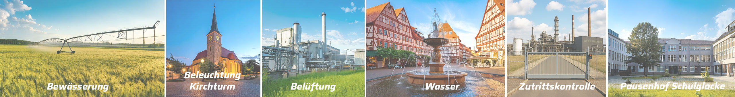Verschiedene Anwendungsbeispiele für Zeitschaltuhren sind zu sehen. U.a. Brunnen und eine Bewässerungsanlage auf einem Feld