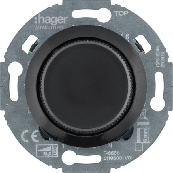 Hager WTN4011BG Universal-Drehdimmer mit Zentralstück (R,L,C,LED), Serie 1930 / Glas, schwarz glänzend