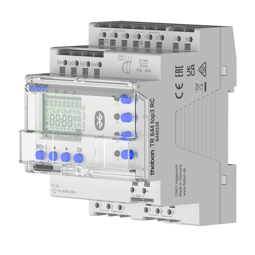 Theben 6440330 TR 644 top3 BLE RC Digitale Zeitschaltuhr, Jahresprogramm und Astro-Programm, 4 Kanäle, App-Programmierung möglich, DCF oder GNSS/GPS