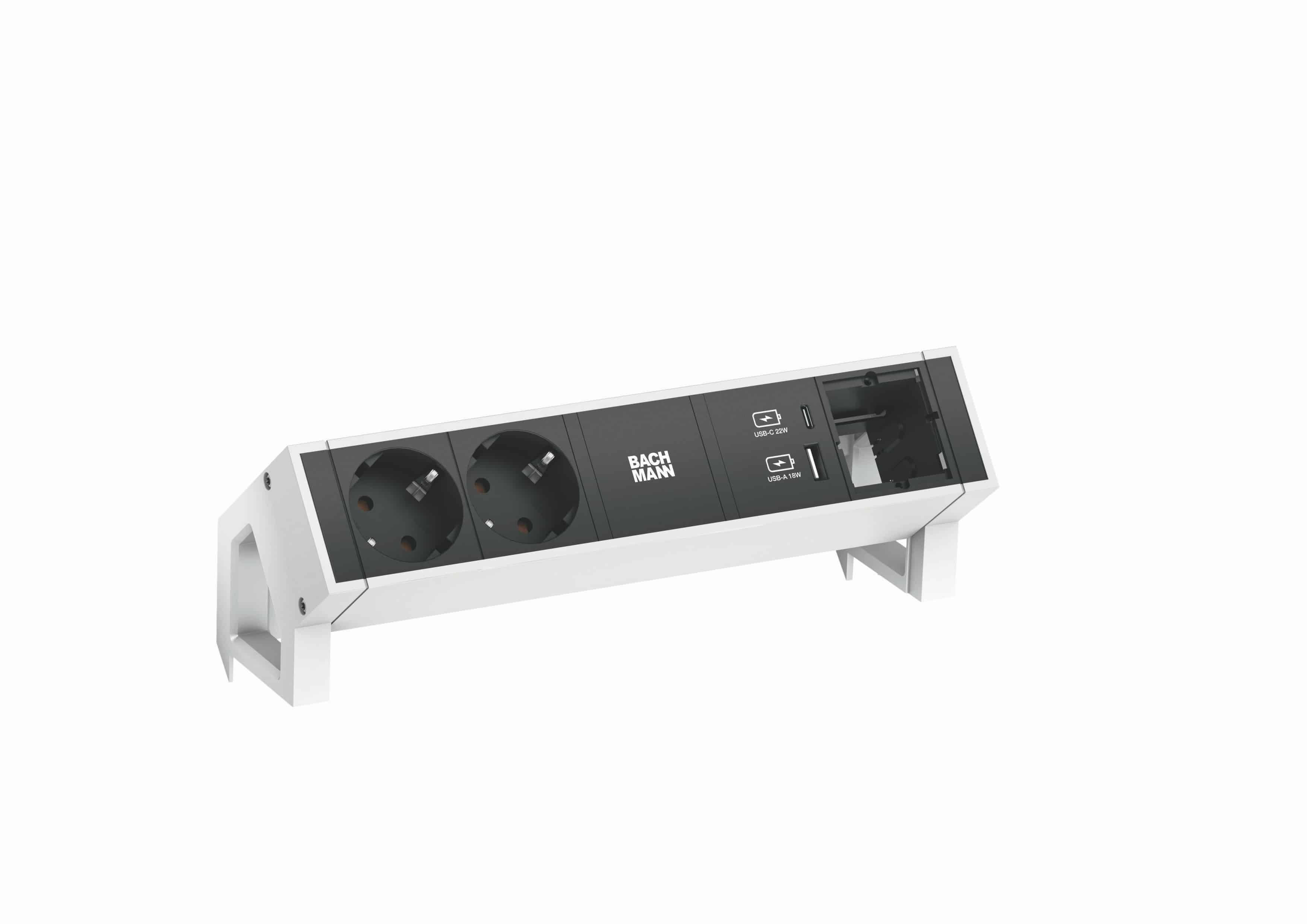 Bachmann 902.935 Steckdosenleiste DESK2, 2x Schutzkontaktsteckdose, 1x USB A/C 22 W, 1x Custom Module, 0,2 m GST18, inklusive Haltewinkel, weiß/schwarz