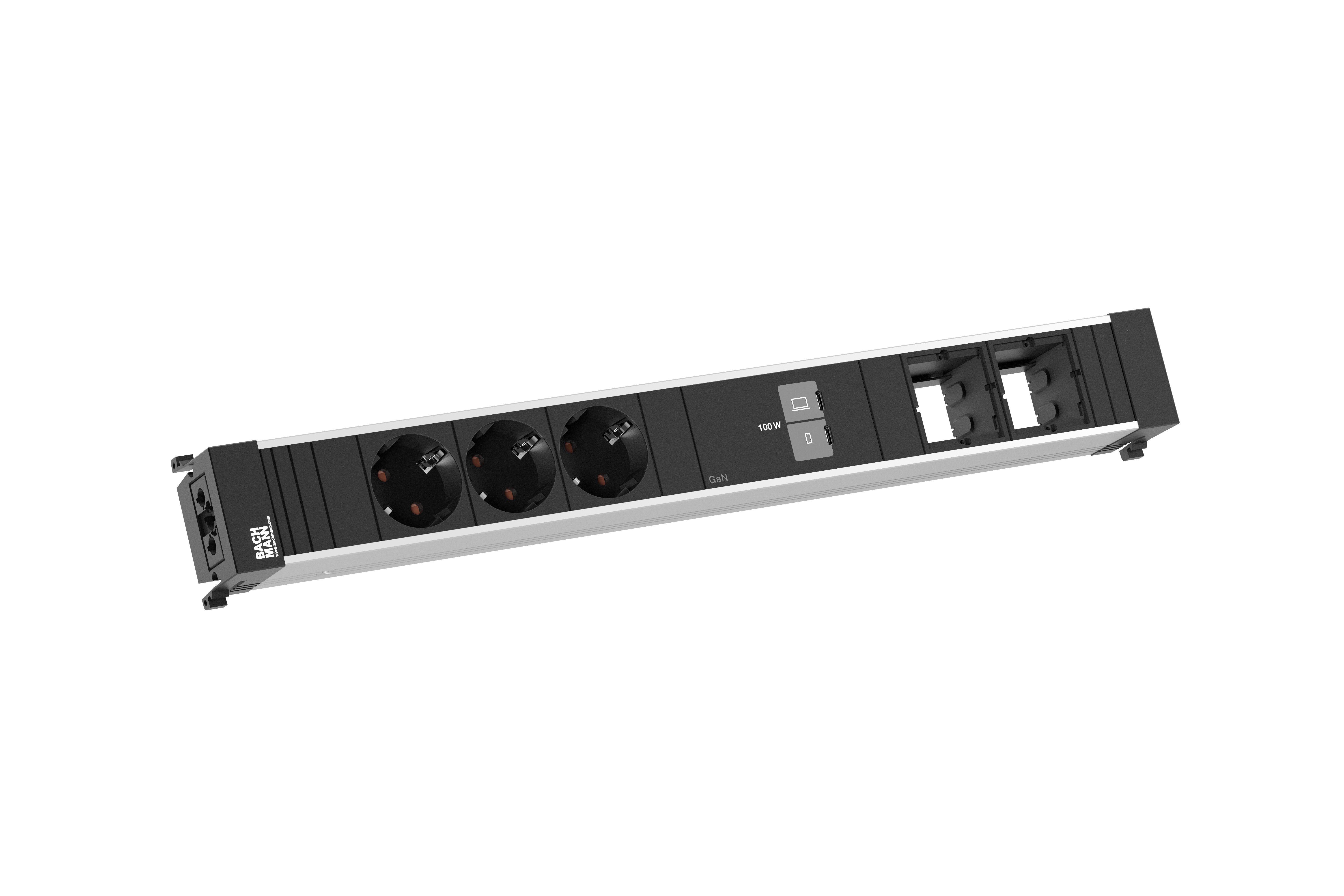 Bachmann BM0024733 Steckdosenleiste Conference XL, 3x Schutzkontaktsteckdose, 1x USB C/C 100 W, 2x Custom Module, GST18, schwarz