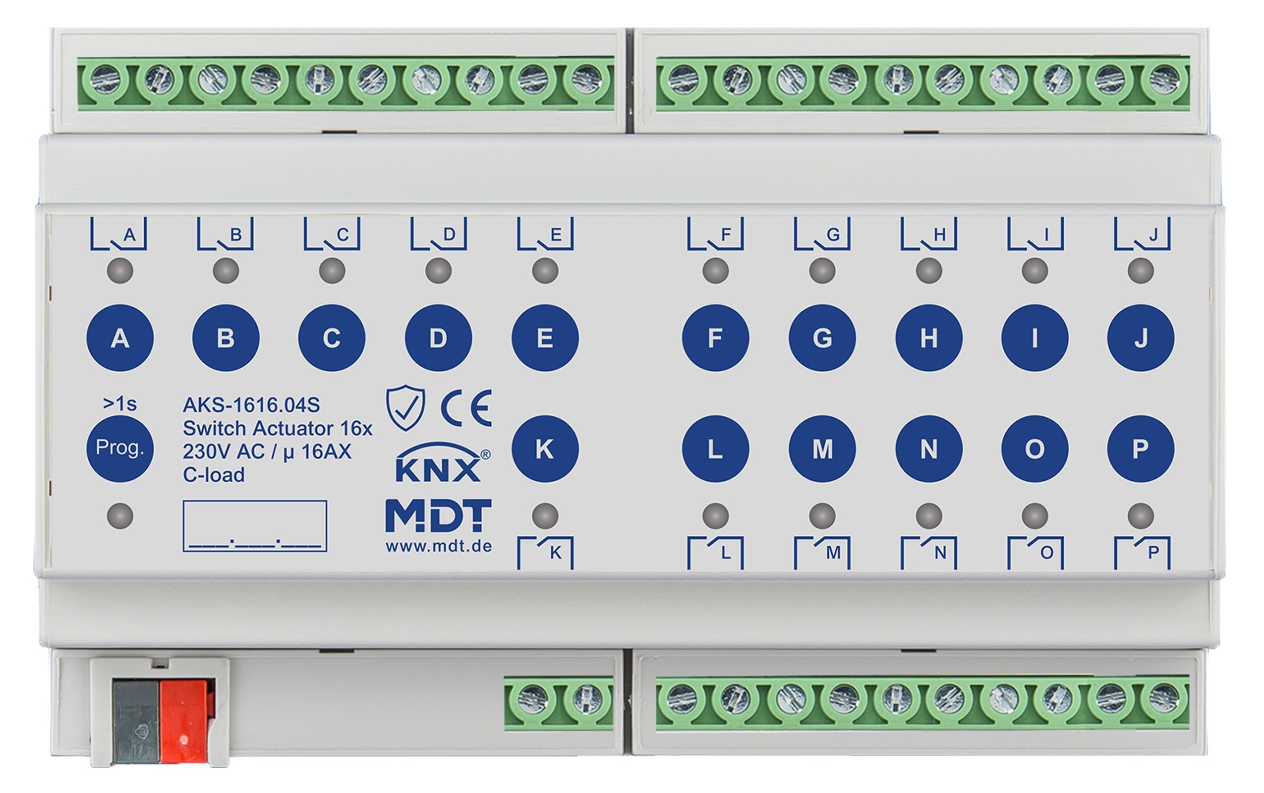 MDT AKS-1616.04S KNX Schaltaktor 16-fach, 8TE REG, 16 A, 230 V AC, C-Last, Standard, 140µF