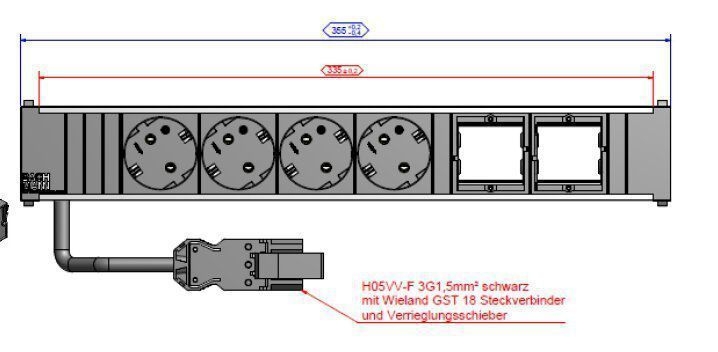 Bachmann 912.007 CONI Steckdoseneinheit, 4 Schutzkontaktsteckdosen, 2 Abdeckungen leer, Zuleitung 0,2m H05VV-F 3G1,50qmm, Wieland GST18 Steckverbinder