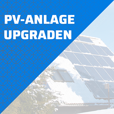 Navigationsbild mit Verlinkung zu "PV-Anlage upgraden" und im Hintergrund ein PV-Dach halb mit Schnee bedeckt