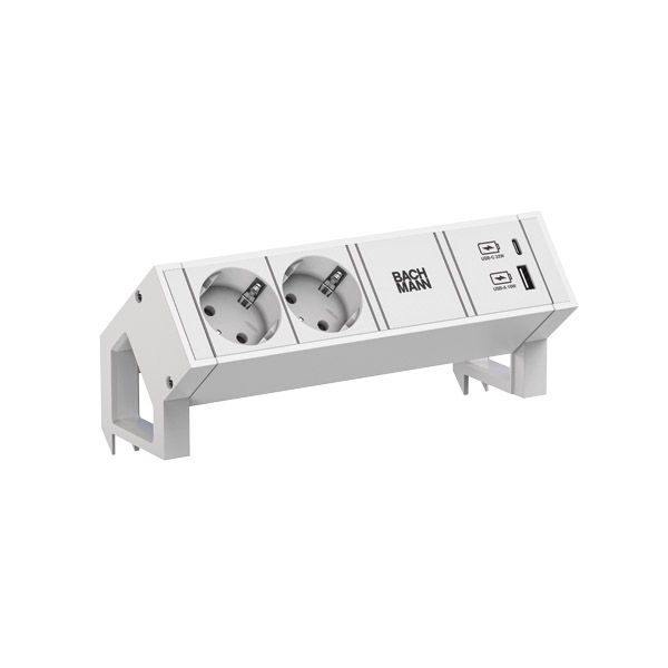 Bachmann 902.3201 Steckdosenleiste DESK2, 2x Schutzkontaktsteckdose, 1x USB A/C 22 W, 0,2 m GST18, inklusive Haltewinkel, weiß