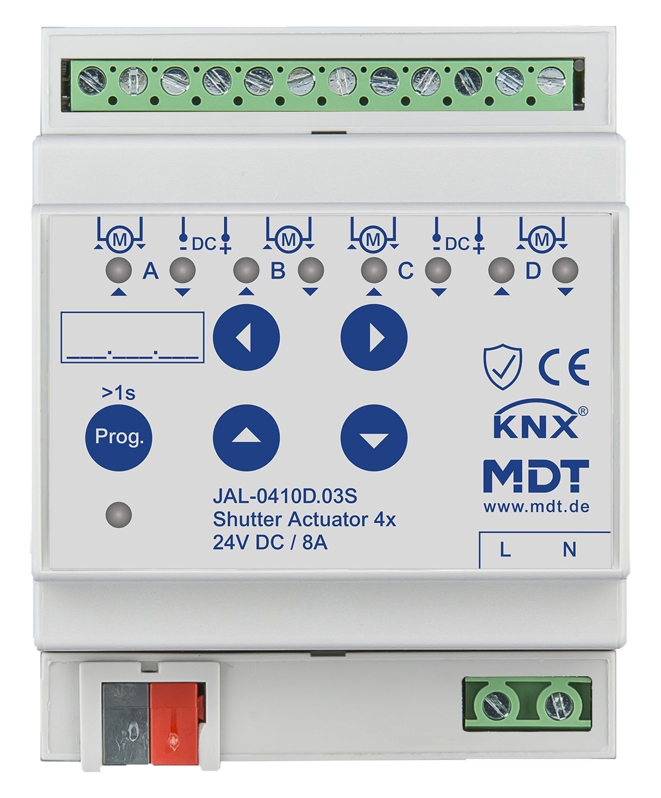 MDT JAL-0410D.03S KNX Jalousieaktor 4-fach, 4TE REG, 8 A, 24 V DC