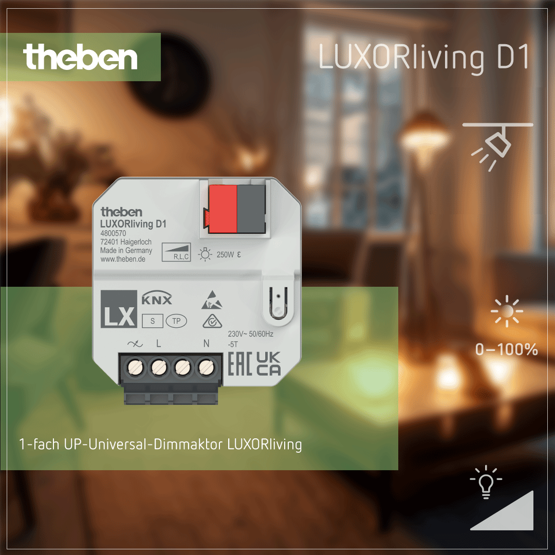 LUXORliving D1 Dimmaktor – Unterputzaktor zur Lichtdimmung in KNX Smart-Home-Systemen Theben LUXORliving D1 Dimmaktor, UP, zur Steuerung von Lichtdimmung in Smart-Home-Systemen
