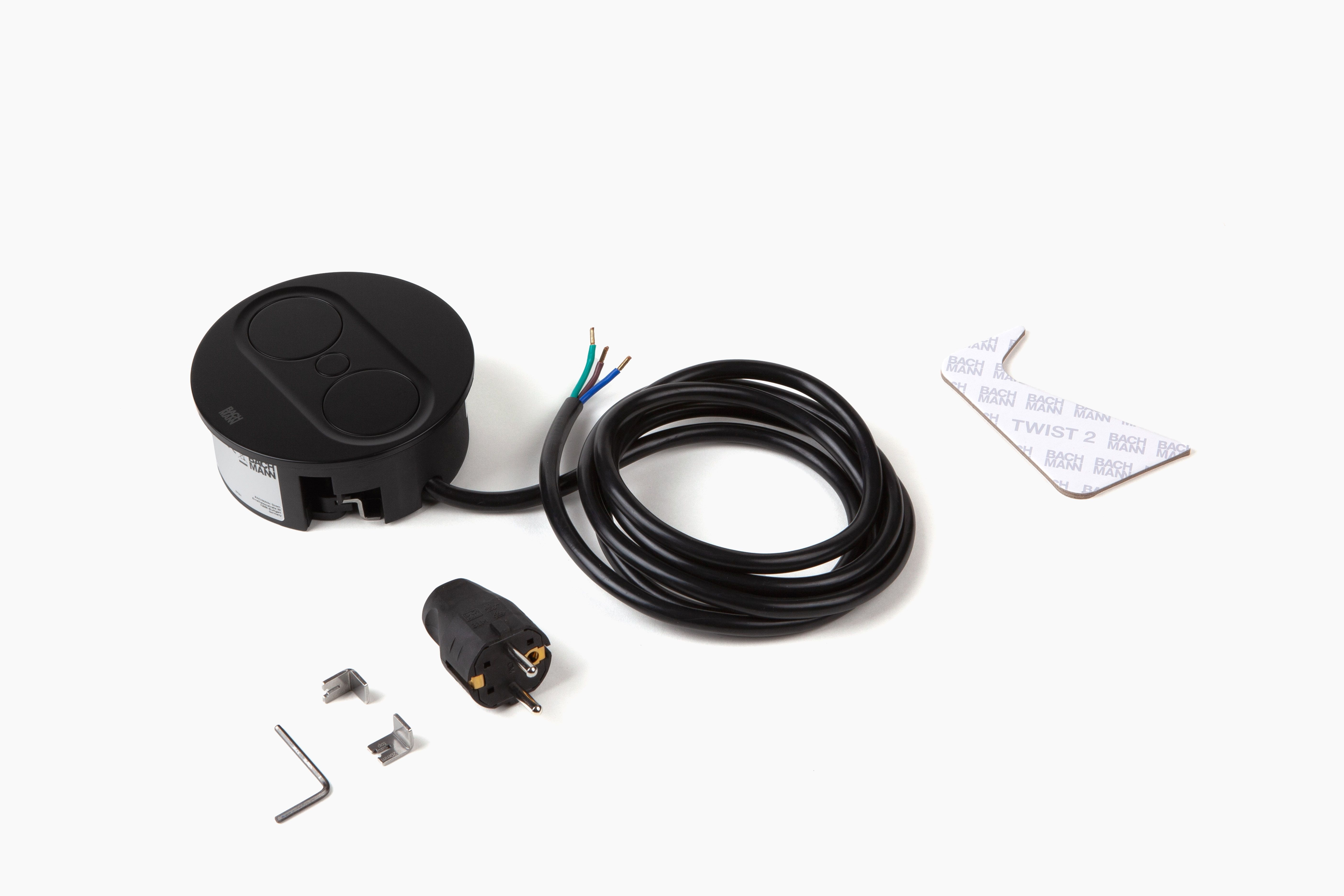 Bachmann 946.104 Steckdoseneinheit TWIST 2, 1x Schutzkontaktsteckdose, 1x USB A/C 22 W, 2,0 m Aderendhülsen und Montagestecker, rund, schwarz matt