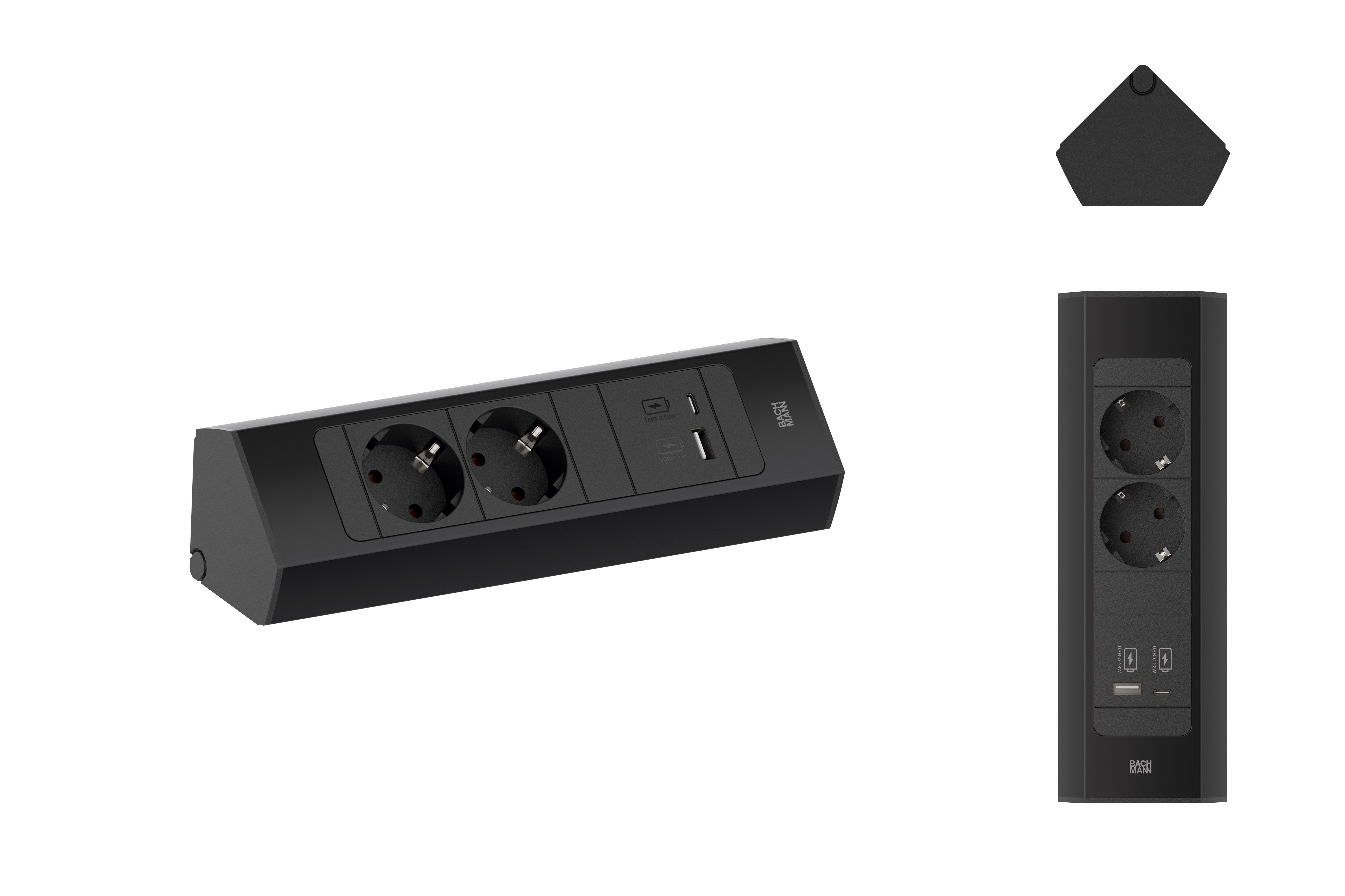 Bachmann 932.102 Steckdosenleiste CASIA 2 Kurz, 2x Schutzkontaktsteckdose, 1x USB A/C 22W, 2,0 m Aderendhülsen und beigelegter Montagestecker, schwarz