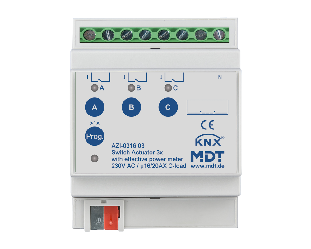 MDT AZI-0316.03 Schaltaktor 3-fach, 4TE, REG, 16/20 A, 230 V AC, mit Wirkleistungszähler, 200 µF