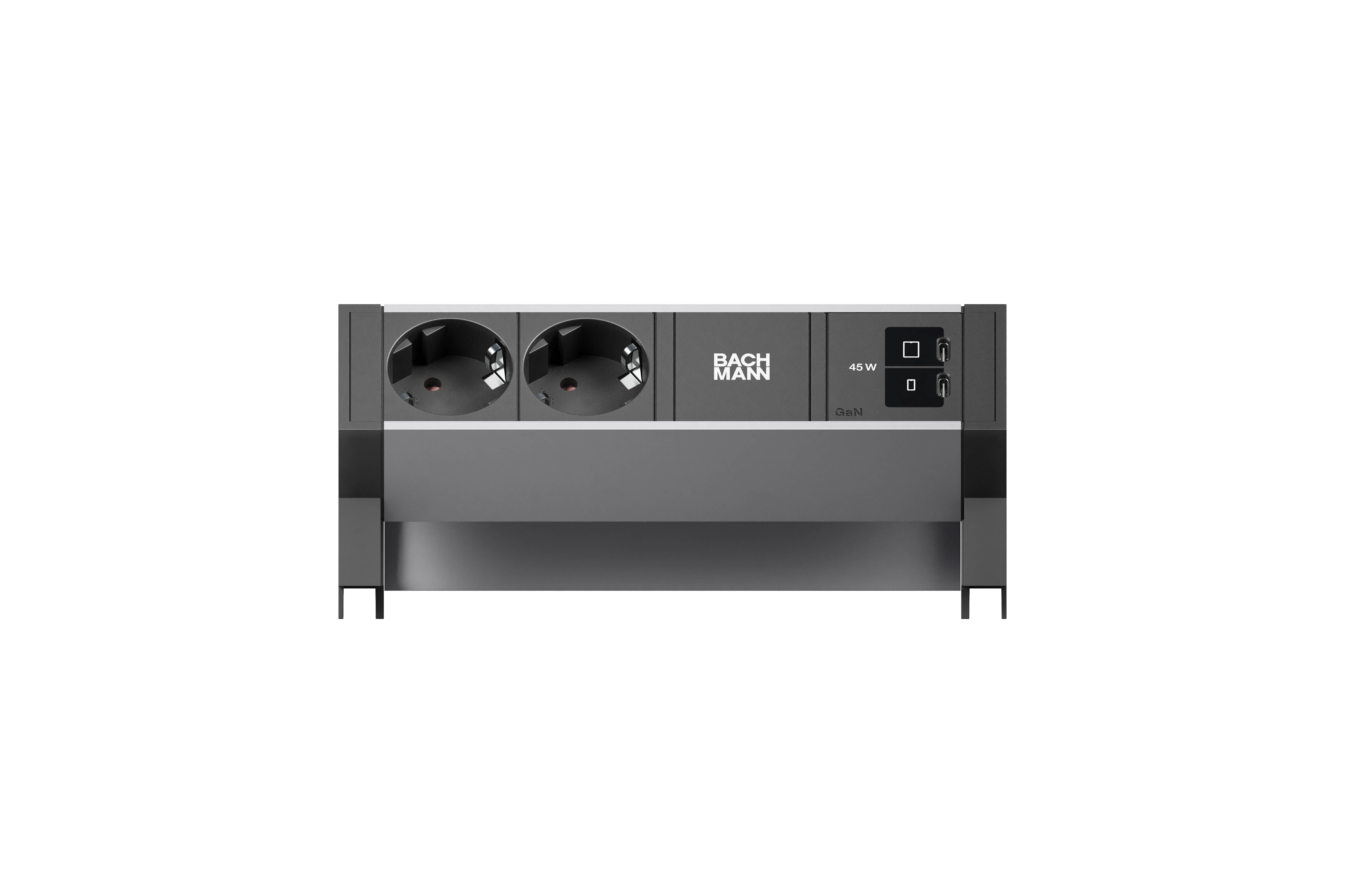 Bachmann BM0022045 Steckdosenleiste DESK2, 2x Schutzkontaktsteckdose, 1x USB C/C 45 W, 0,2 m GST18, inklusive Haltewinkel, aluminium/schwarz