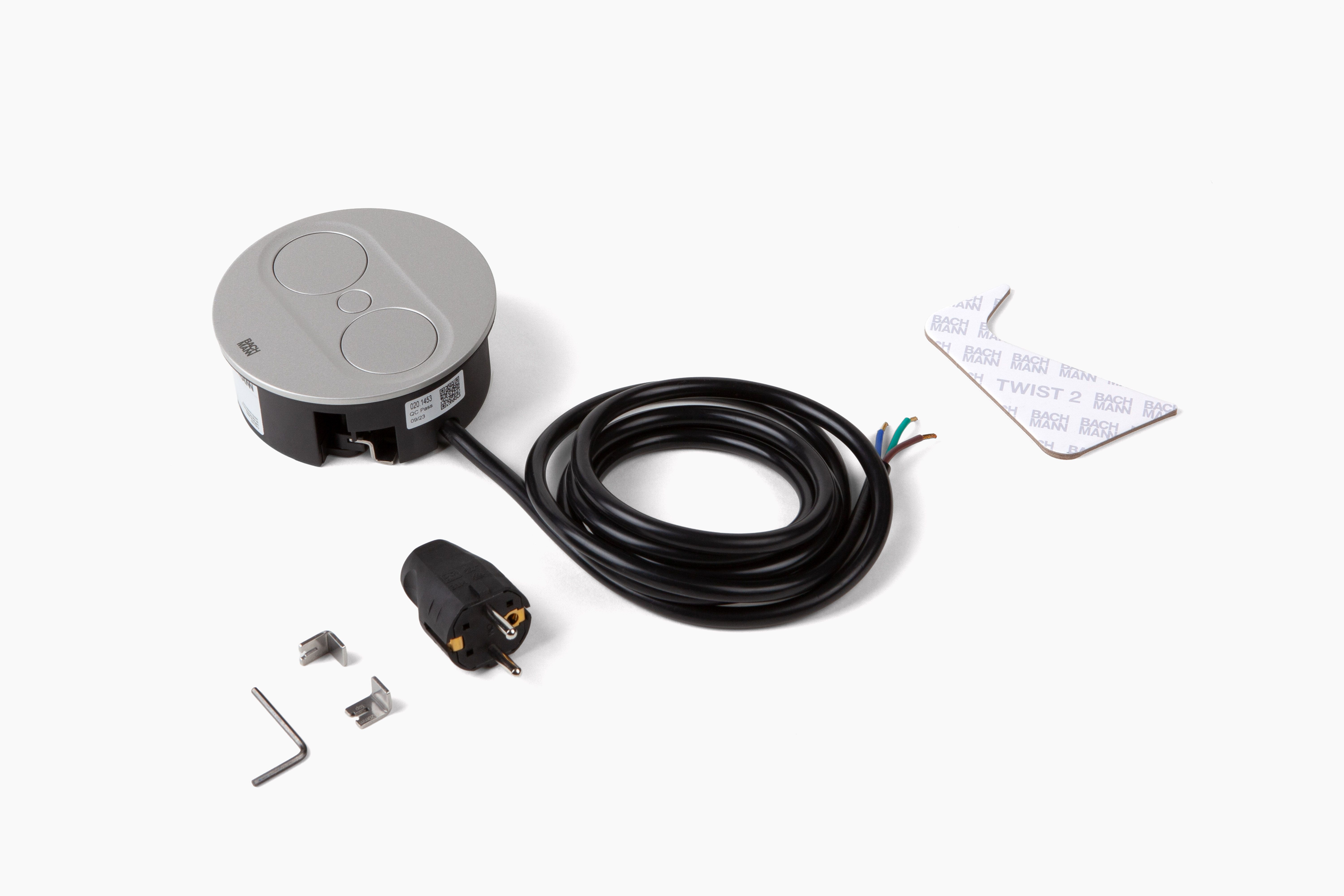 Bachmann 946.012 Steckdoseneinheit TWIST 2, 1x Schutzkontaktsteckdose, 1x USB A/C 22 W, 0,2 m GST18, rund, silber matt