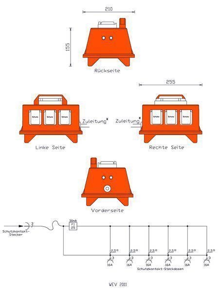 Walther Electric WEV2011 Endverteiler Hart-Polyäthylen 3,7 kVA, Schutzkontakt-Leitung, 1x RCD, 6x Schutzkontakt-Steckdosen