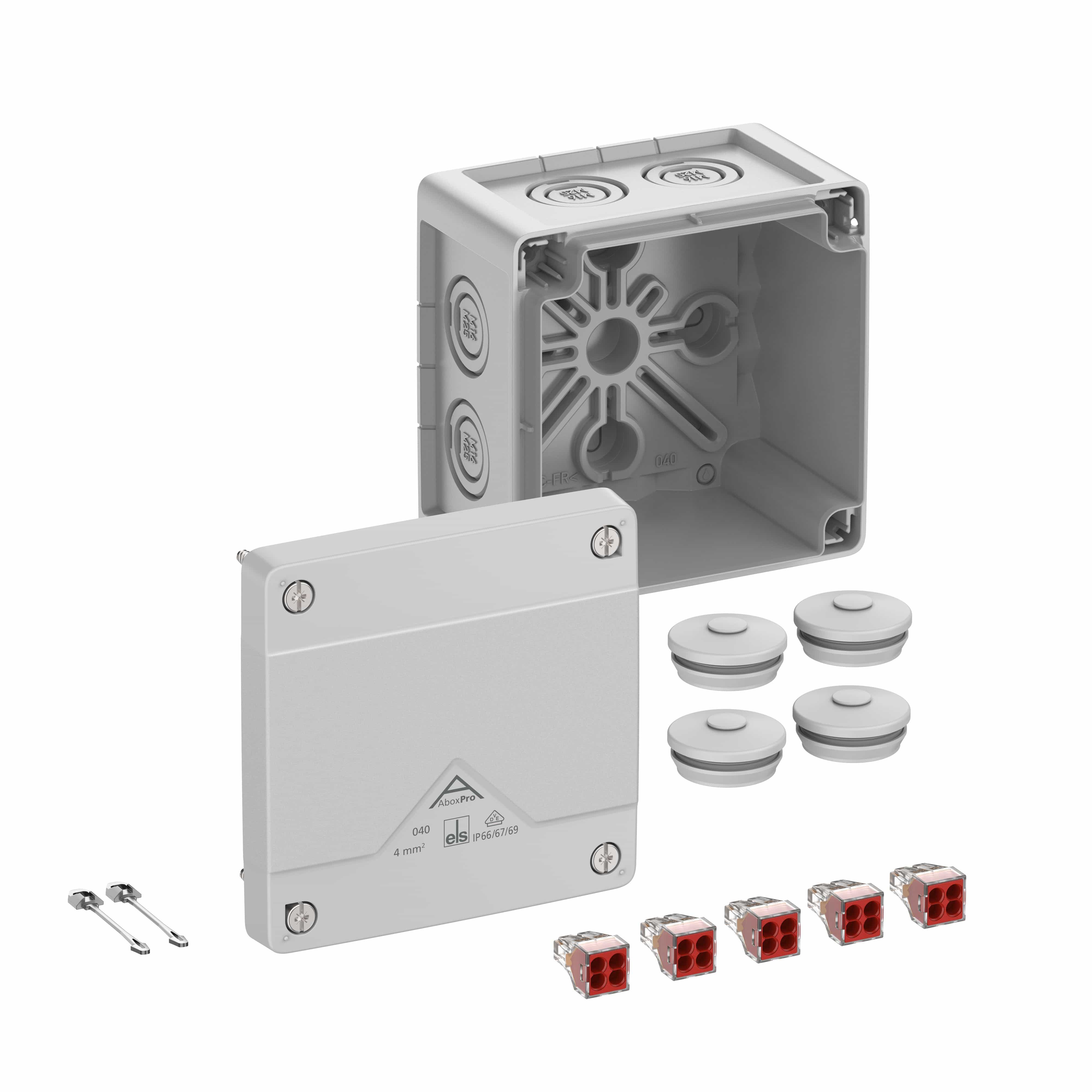 Spelsberg 40442001 Abzweigkasten, Schutzart IP66/IP67/IP69, max. 4mm², Schlagfestigkeit IK09, Schutzklasse II, Ui 400V AC, Ui 400V DC, DLG, DNV, VDE, halogenfrei