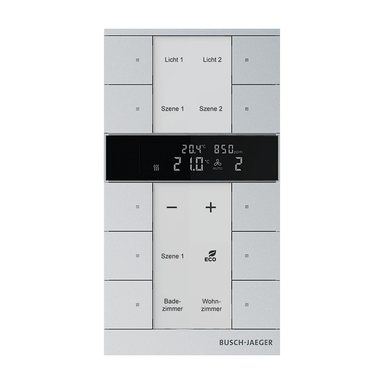 Busch-Jaeger SBC-F-10.0.11-83 Raumtemperaturregler mit VOC/Feuchte-Sensor und Bedienfunktion, 10-fach, aluminium silber matt, Busch-Tenton®