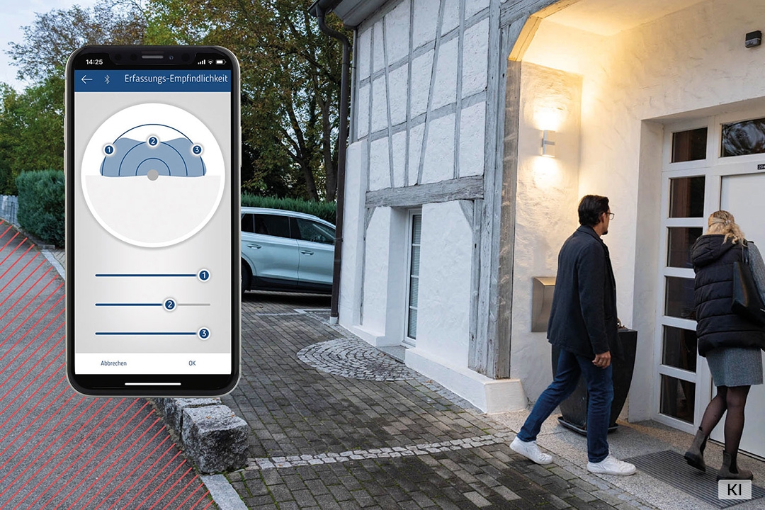 Theben 1010105 TECTA D180i Bewegungsmelder (PIR) für die Wandmontage im Außenbereich, Erfassungsbereich 180° per App einstellbar, Unterkriechschutz, Exit-On, weiß