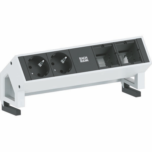 Bachmann 902.411 DESK2, 2 Schutzkontaktsteckdosen, 2 Custom Module leer, Zuleitung 0,2m H05VV-F3G1,5mm², GST18i3 Stecker, inkl. Haltewinkel