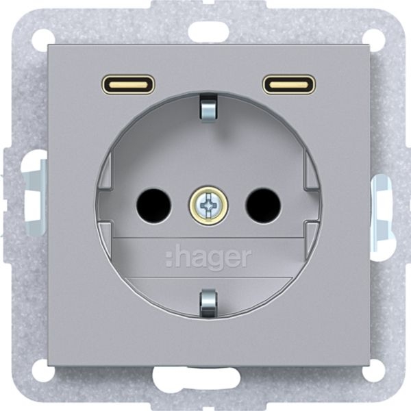Hager WAS4055TA Schutzkontaktsteckdose mit USB Typ C 2-fach Power Delivery, 20W, A.x/C.x, titan matt