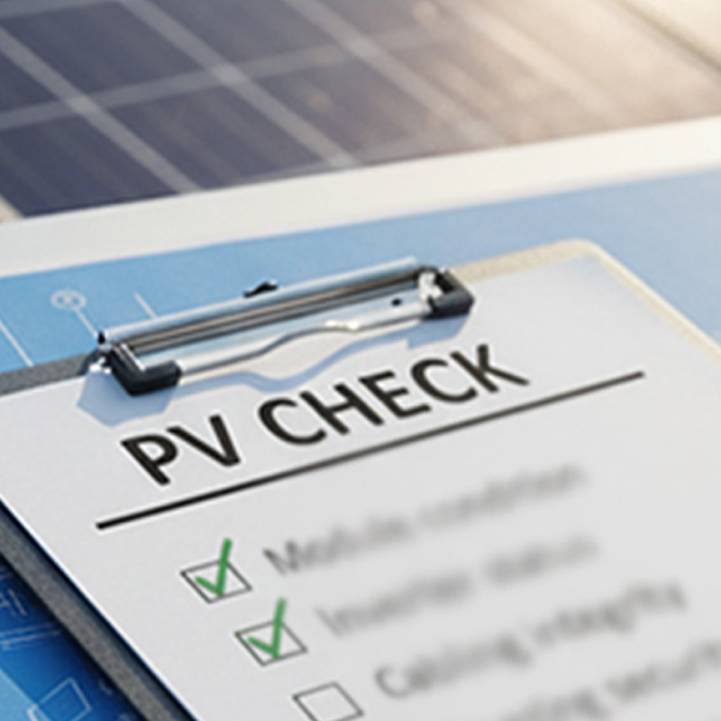 Nahaufnahme eines Klemmbretts mit einer Checkliste für einen 'PV CHECK'. Die ersten beiden Punkte, 'Module condition' und 'Inverter status', sind mit grünen Häkchen markiert.