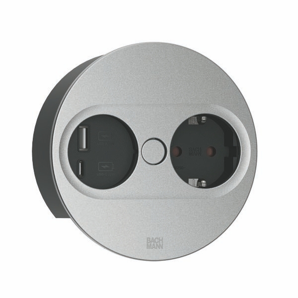 Bachmann 946.012 Steckdoseneinheit TWIST 2, 1x Schutzkontaktsteckdose, 1x USB A/C 22 W, 0,2 m GST18, rund, silber matt