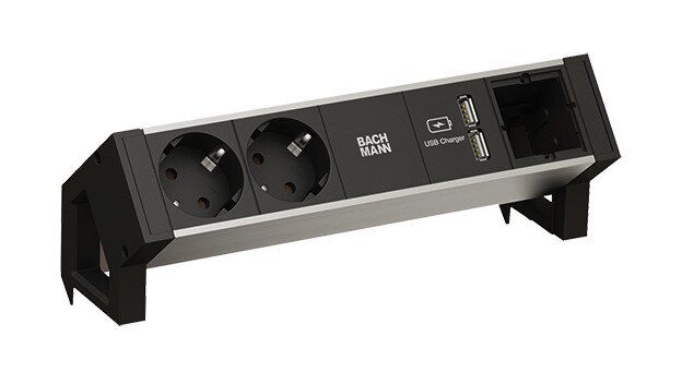 Bachmann 937.001 DESK2, 2 Schutzkontaktsteckdosen 1 USB Doppelcharger 5V/3,1A, 1 Custom Modul leer, Zuleitung 0,2m H05VV-F3G1,5mm², GST18i3 Stecker, inkl. Haltewinkeln