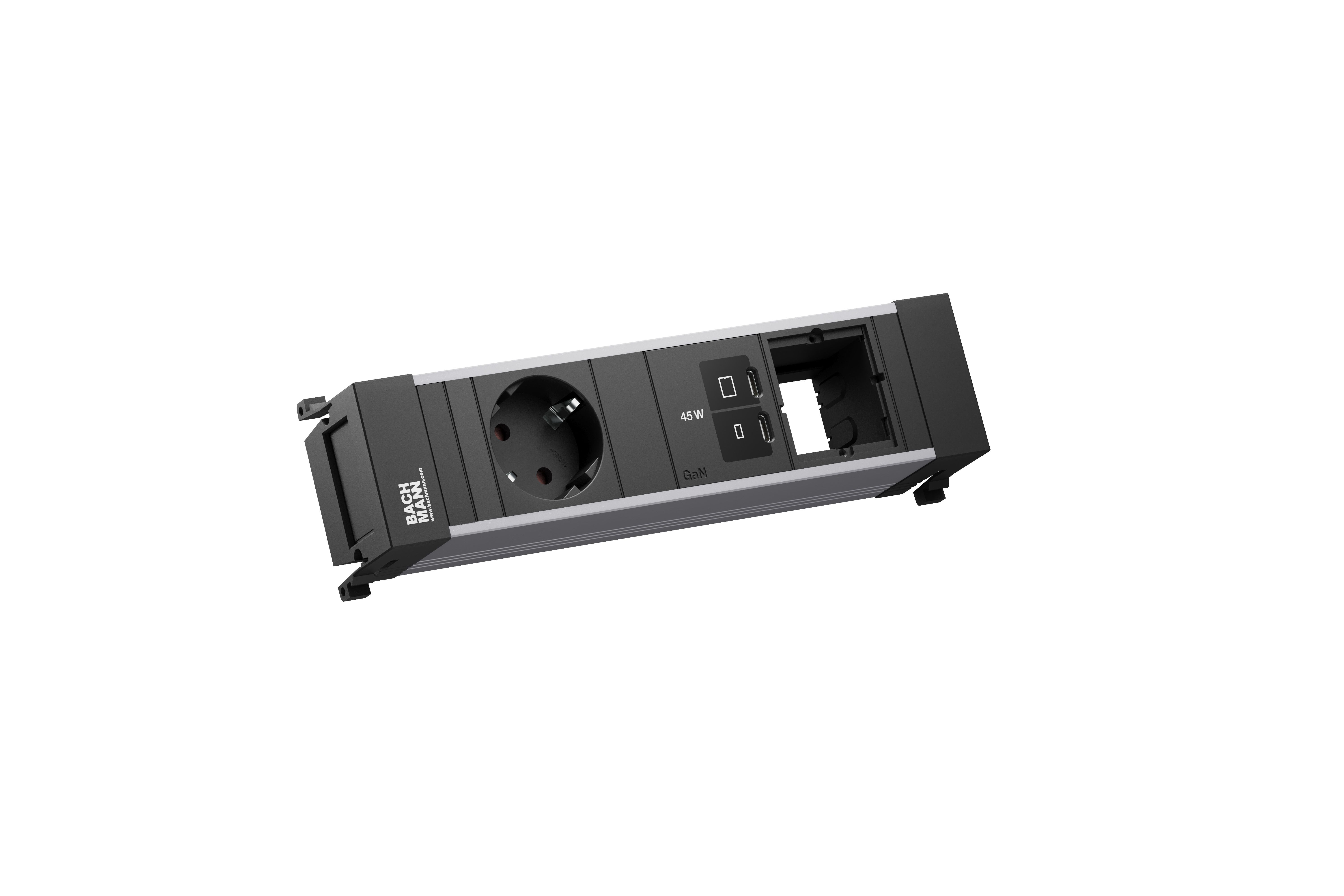 Bachmann BM0024291 Einbau-Steckdosenleiste POWER FRAME Small, 1x Schutzkontaktsteckdose, 1x USB C/C 45 W, 1x Custom Module, 0,2 m GST18, schwarz