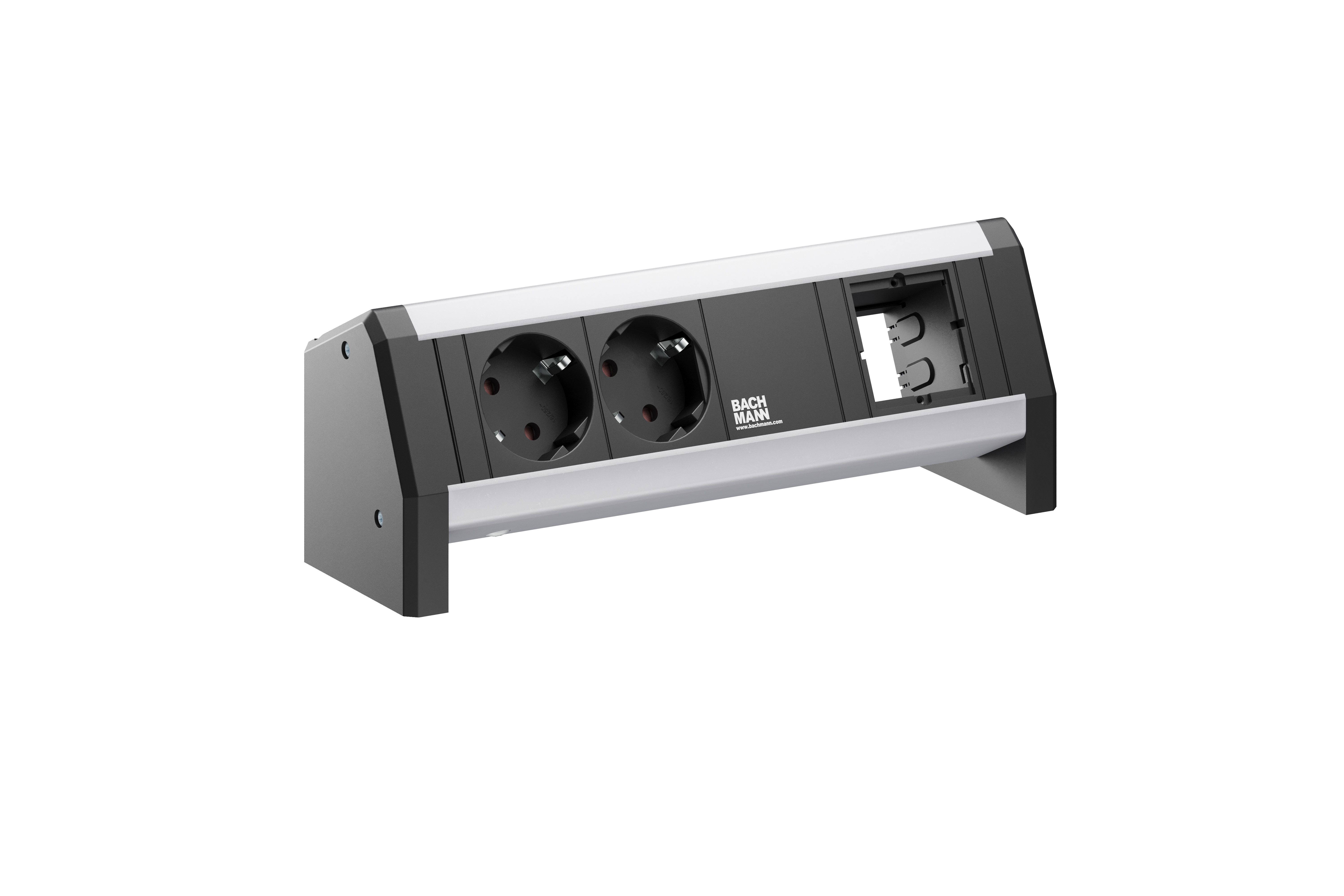 Bachmann 902.065 Steckdosenleiste DESK, 2x Schutzkontaktsteckdose, 1x Custom Module, ohne Leitung, GST18 Stromein- und ausgang