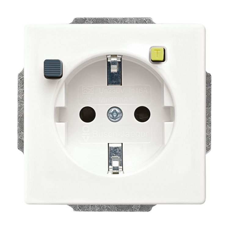 Busch-Jaeger 3120 EUCB-884 Schutzkontakt-Steckdose Safety+ mit Fehlerstrom-Schutzschalter, mit erhöhtem Berührungsschutz, mit Befestigungskrallen, studioweiß matt, Plattform 63