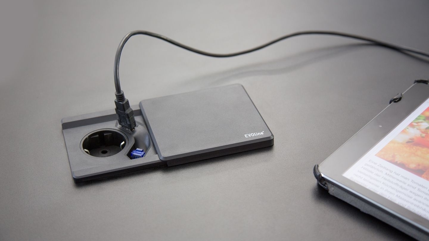 EVOline® Tisch-Einbausteckdose Square80 mit USB + CAT6 Buchse fest