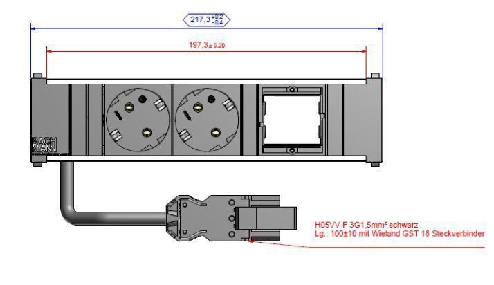 Bachmann 912.003 CONI Steckdoseneinheit ALU, 3-fach / 217mm, 2 Schutzkontaktsteckdosen, 1 Abdeckung leer, Zuleitung 0,20m H05VV-F 3G1,50qmm, Wieland GST18 Steckverbinder