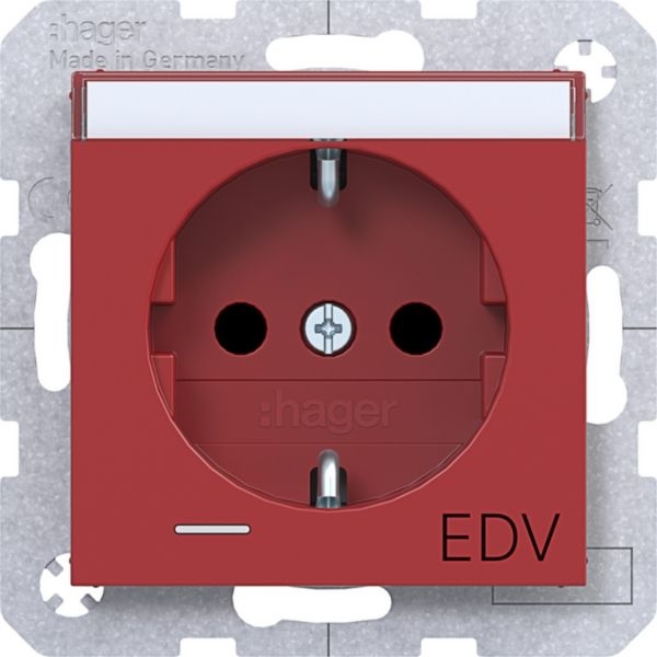 Hager WAS1435RG Schutzkontaktsteckdose mit LED und Aufdruck EDV, Beschriftungsfeld, erhöhter Berührungsschutz, Steckklemmen, A.x/C.x, rot glänzend