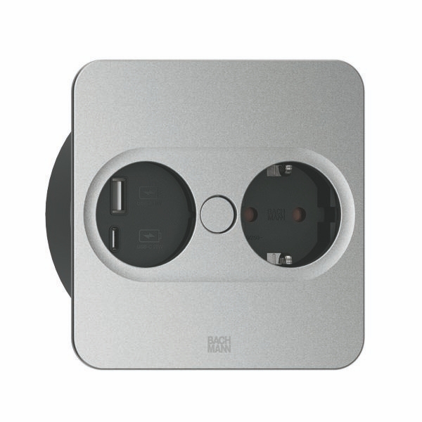 Bachmann 946.013 Steckdoseneinheit TWIST 2, 1x Schutzkontaktsteckdose, 1x USB A/C 22 W, 0,2 m GST18, eckig, silber matt