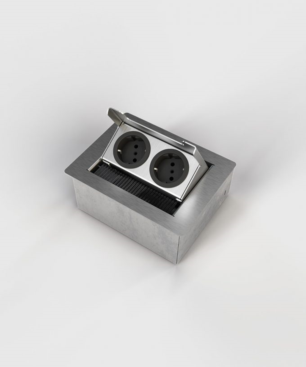 BS 3202E Anschlussmodul für Tisch- oder Bodenbereich, 2-fach, eckig, Klappdeckel aus Edelstahl, 2x Schutzkontakt-Steckdose, inkl. Aufnahmebox