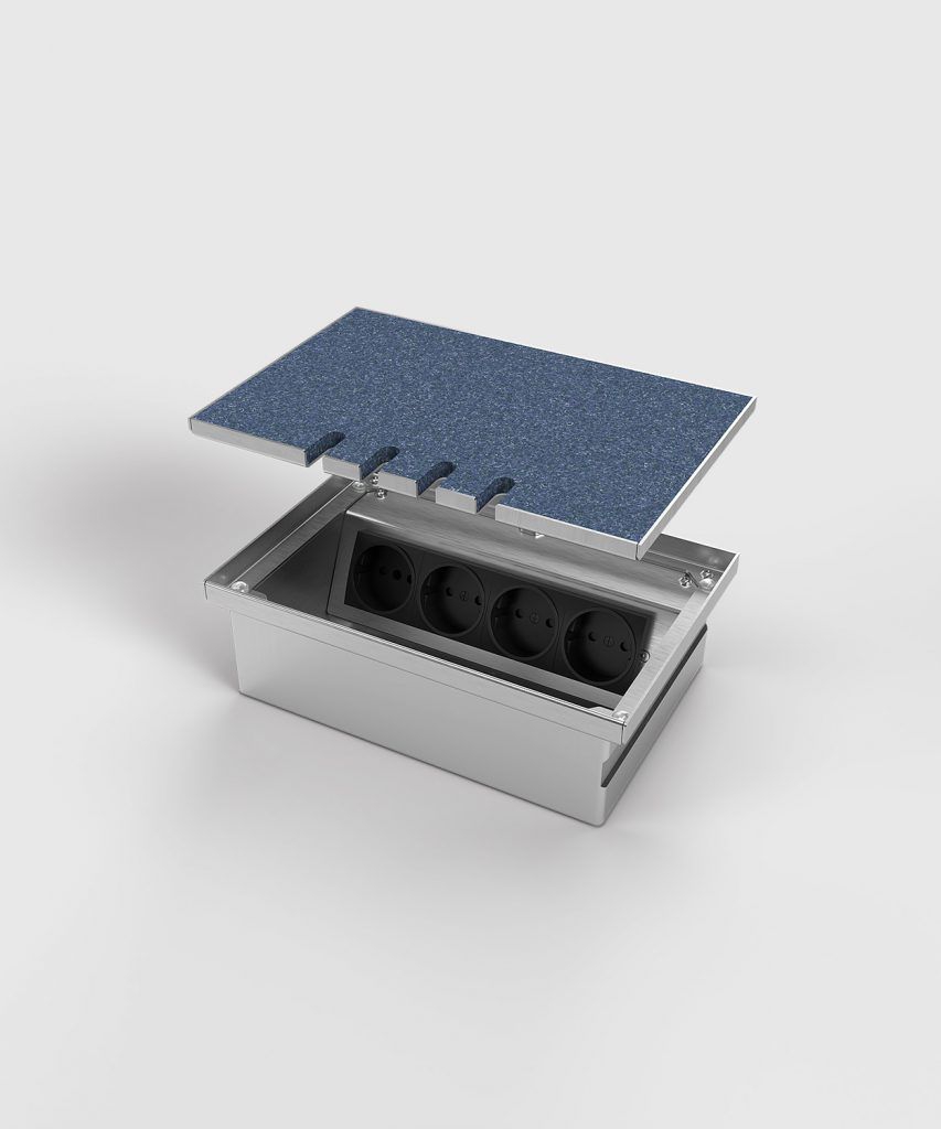 BS 8804T-1-0 Bodensteckdose, 4-fach, eckig, belegbar 7mm, aufliegender Deckel aus Edelstahl, 4x Schutzkontakt-Steckdose