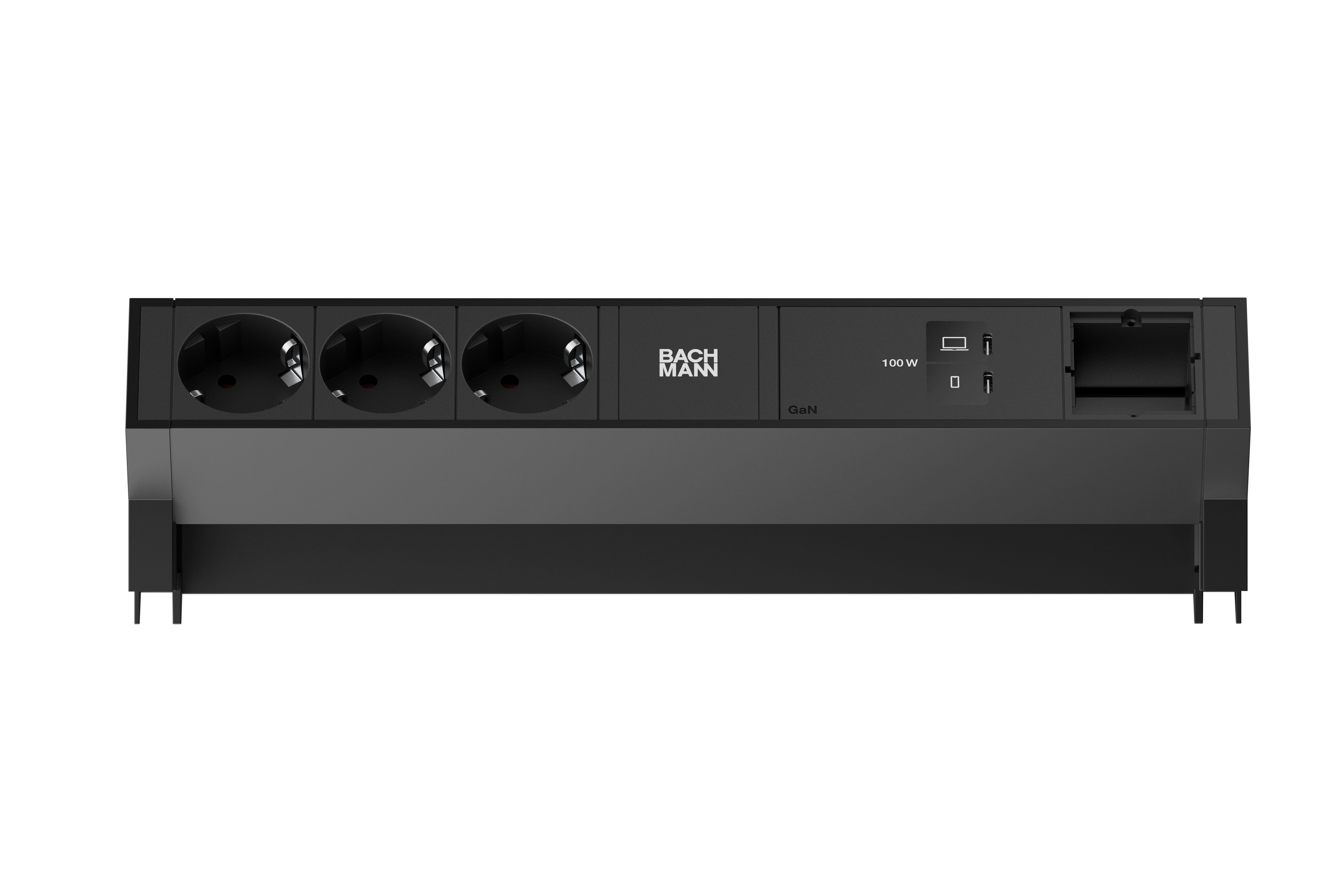 Bachmann BM0023758 Steckdosenleiste DESK2, 3x Schutzkontaktsteckdose, 1x USB C/C 100 W, 1x Custom Module, 0,2 m GST18, inklusive Haltewinkel, schwarz