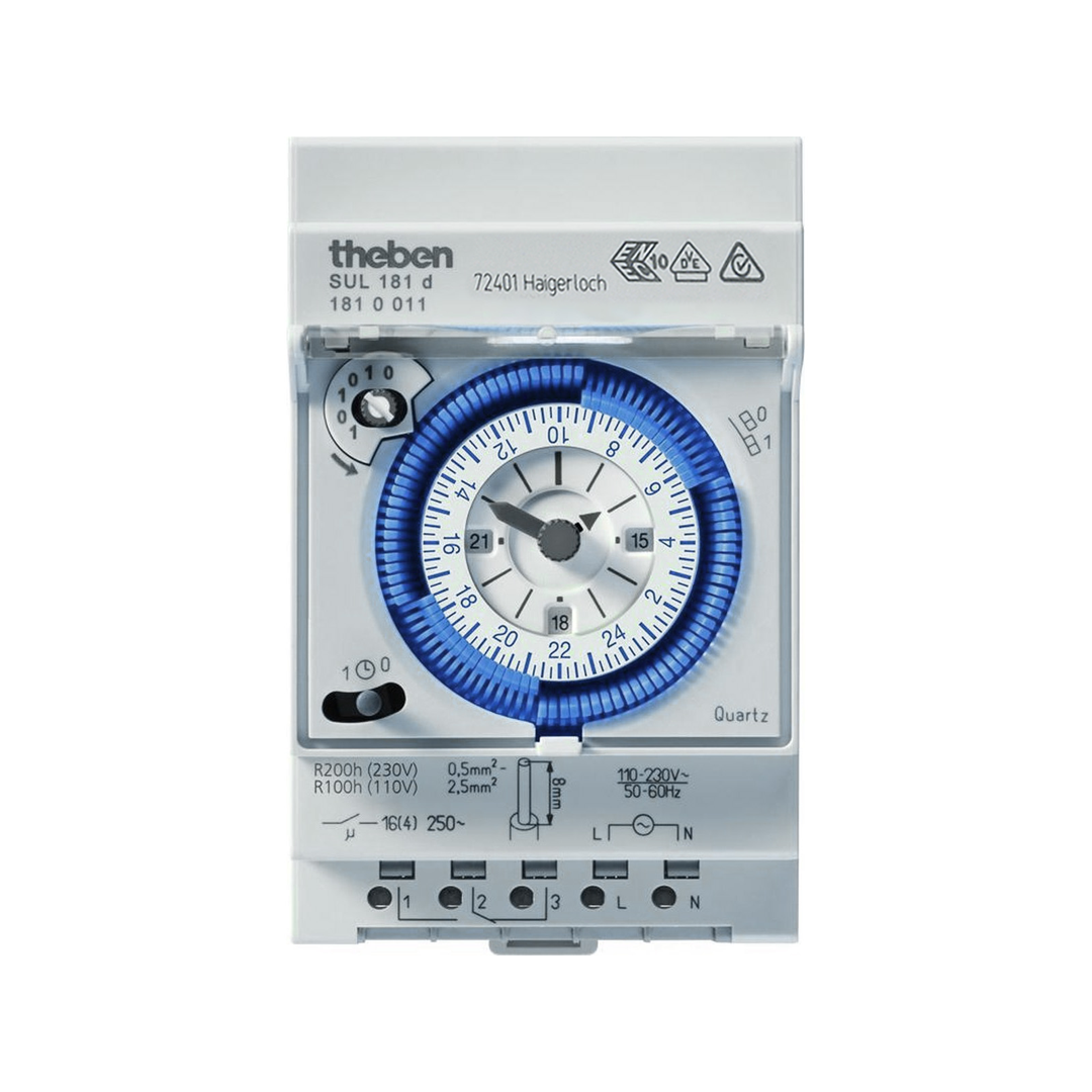 Theben 1810011 SUL 181d Analoge Zeitschaltuhr, 1 Kanal, Tagesprogramm, 120 Stunden/5 Tage Gangreserve, Zeitschalter, Schaltzustandsanzeige, 15 Minuten Schaltzeit, einfache Sommer-/Winterzeitkorrektur