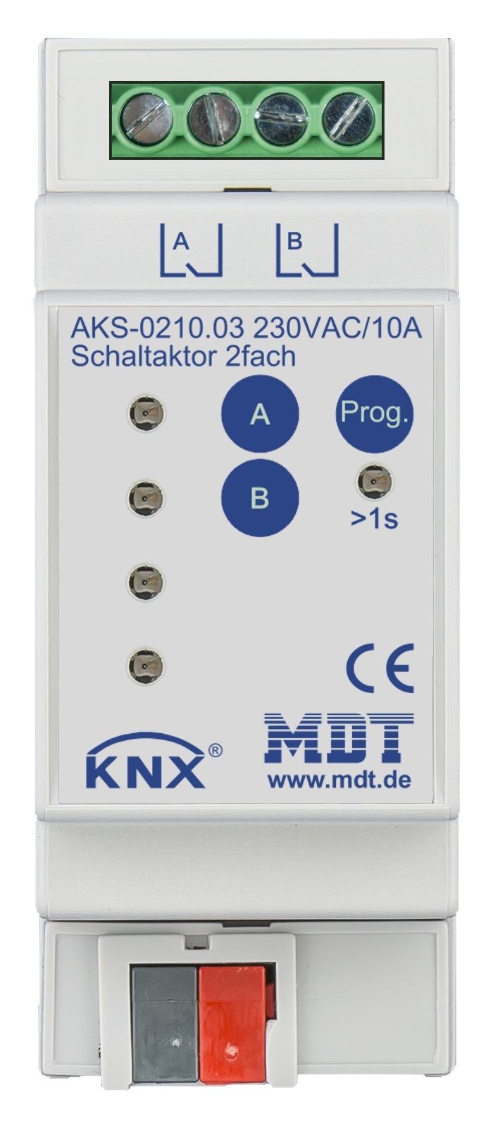 MDT AKS-0210.03 Schaltaktor 2-fach, 2TE, REG, 10A, 230VAC, C-Last, Standard, 140µF