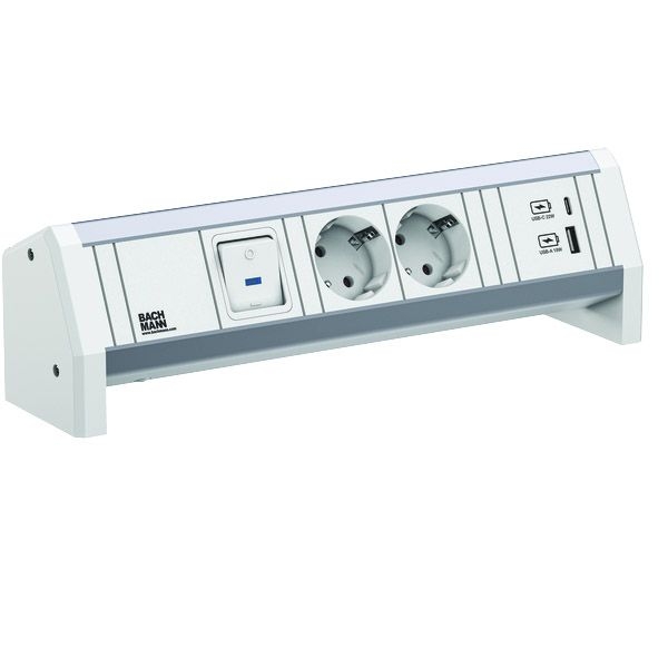 Bachmann 902.0291 Steckdosenleiste DESK, 2x Schutzkontaktsteckdose, 1x Schalter, 1x USB A/C 22 W, ohne Leitung, GST18 Stromein- und ausgang