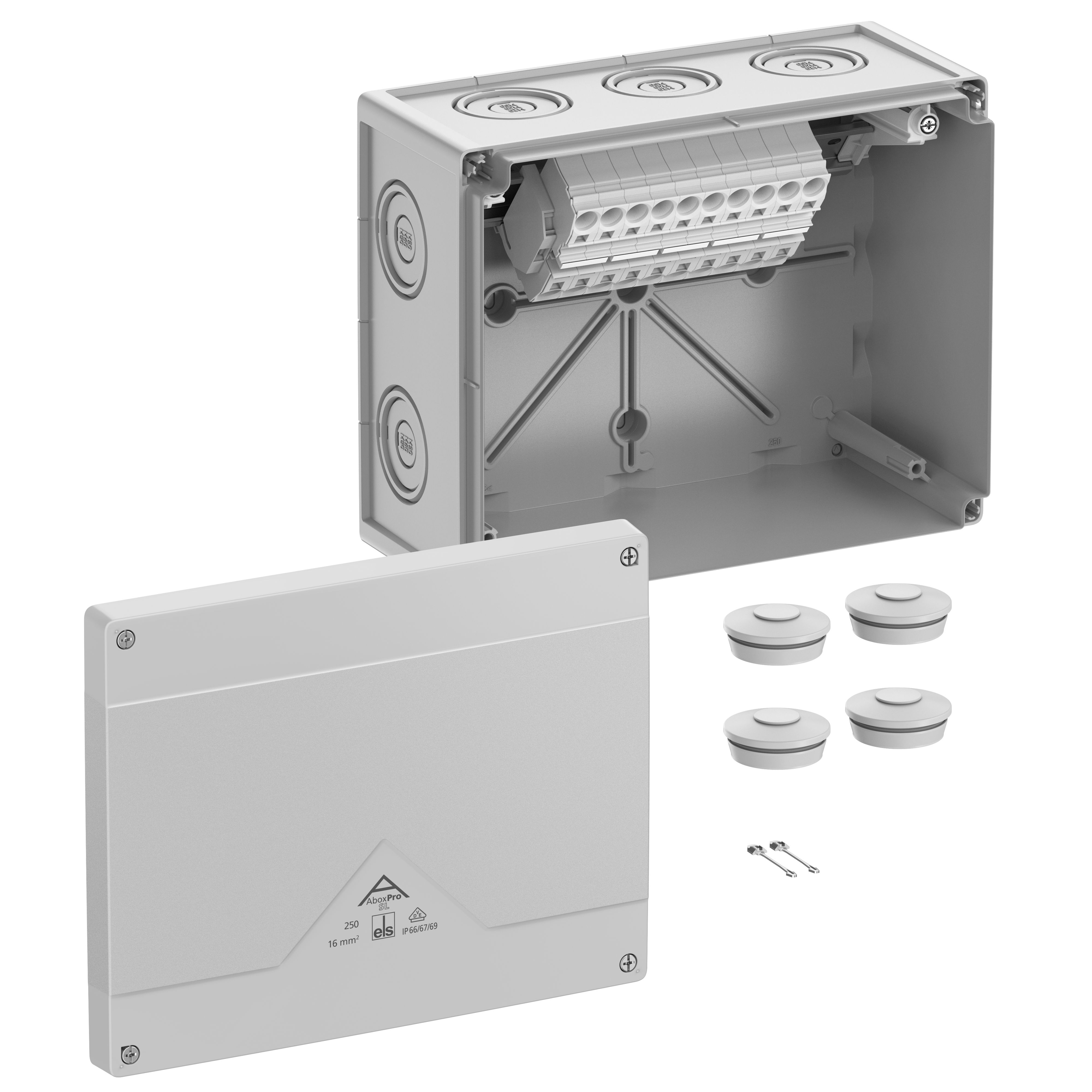 Spelsberg 41644001 Abzweigkasten, Schutzart IP66/IP67/IP69, max. 16mm², Schlagfestigkeit IK09, Schutzklasse II, Ui 690V AC, Ui 690V DC, DLG, DNV, VDE, halogenfrei