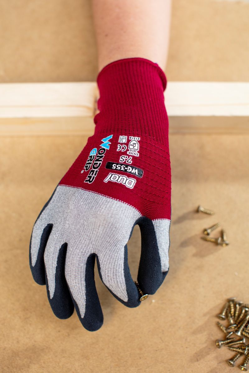 Wonder Grip® WG-355 Arbeitshandschuh Dual, Gr. L/9, passgenau, atmungsaktiv, präzises Handling, 1x Paar L/R, rot/weiß