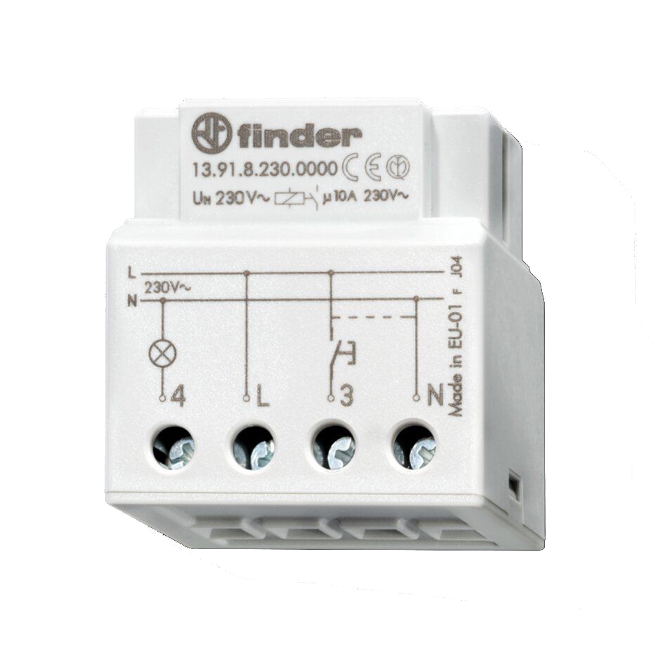 Finder 139182300000 Stromstoßschalter, kleine Bauart für UP-Dose, elektronisch, 1 Schließer, 10 A, für 230 V AC