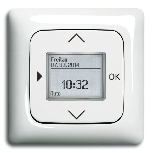Busch-Jaeger 6435-214 Zentralscheibe für Timer/Raumtemperatur-Regler-Bedienelement mit Aufdruck Symbol "Pfeiler" und "OK", alpinweiß glänzend, Reflex SI